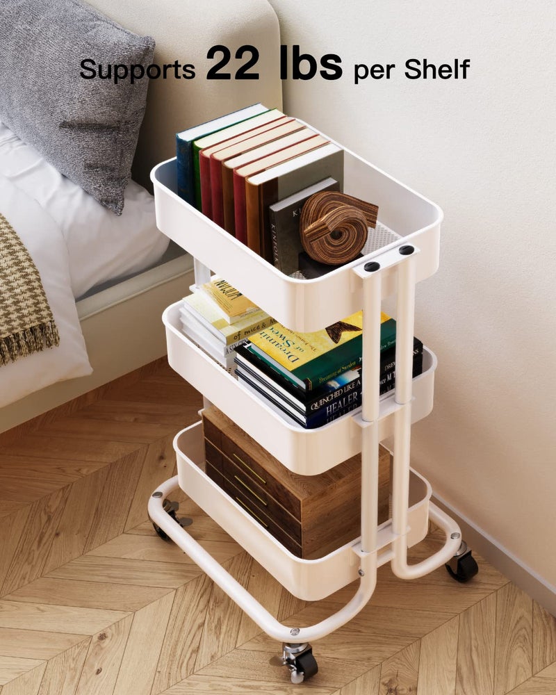 Pipishell 3 Tier Metal Rolling Utility Cart, Heavy-Duty Storage Rolling Cart with 2 Lockable Wheels, Multifunctional Mesh Organization Utility Cart for Kitchen Dining Room Living Room (White) - Image 3